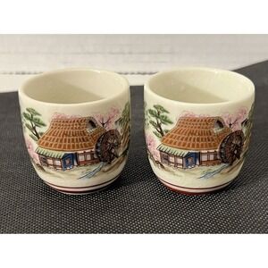 Vtg Japanese Sake Cups‎ MCI 1.5" Diameter 2" Tall w/ Bottom Sticker-A Set Of 2